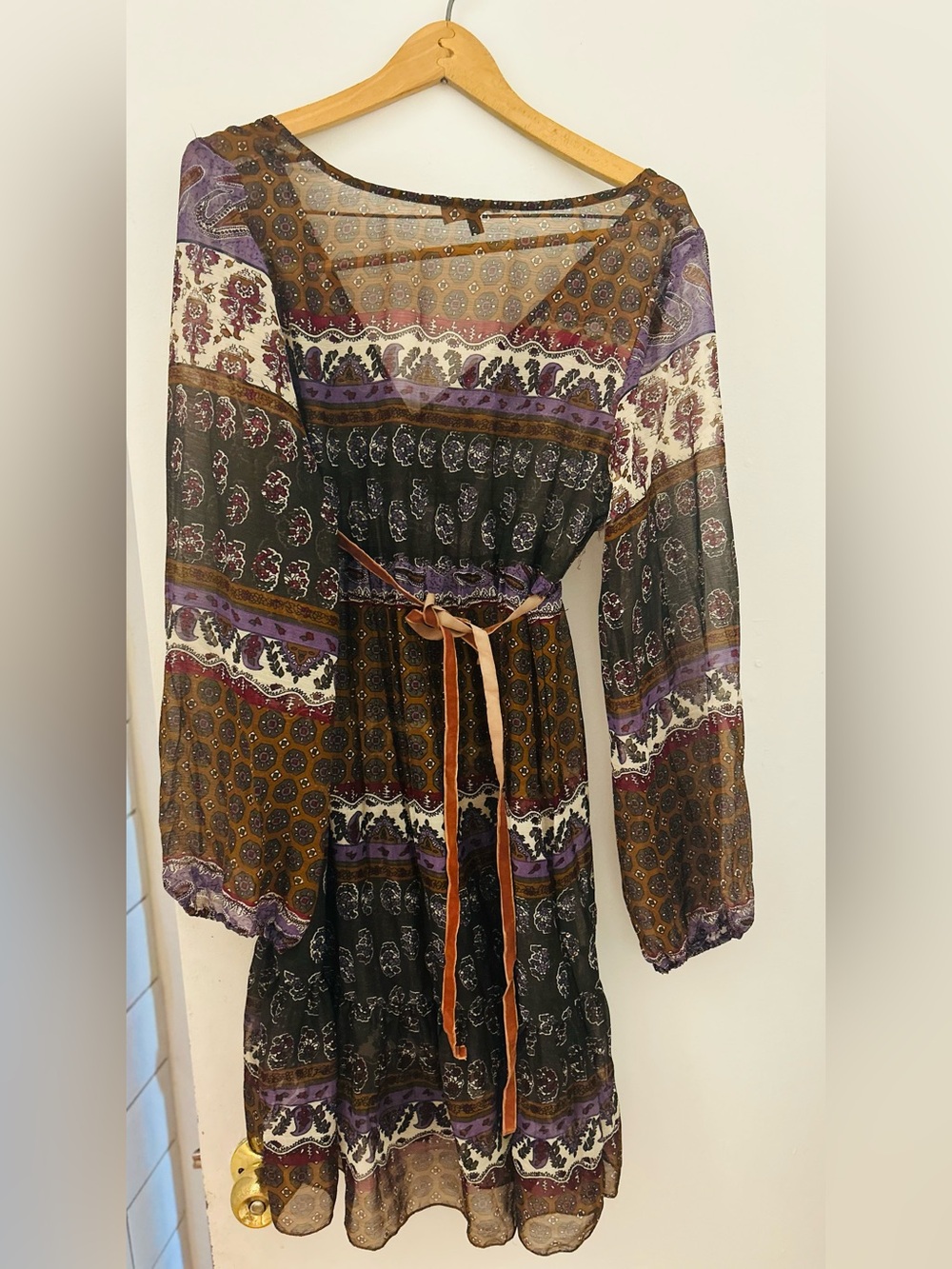 Bohemian Paisley Print Long Sleeve Dress in Purple & Brown size L